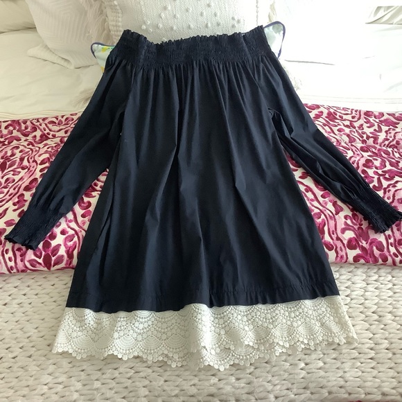 ZARA Navy Off Shoulder Dress With Lace Trim M - Picture 2 of 5